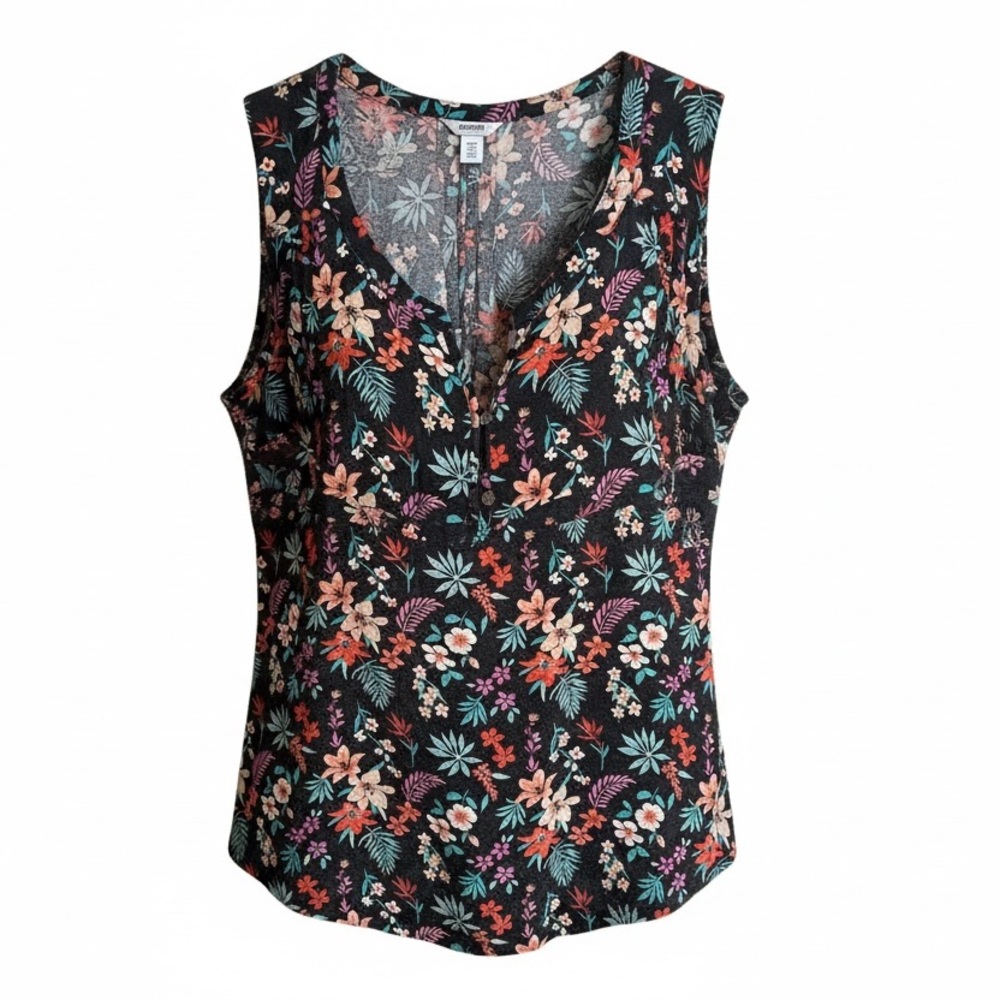 Sonoma Black Floral V-Neck Sleeveless Top with Pink and Teal Blooms